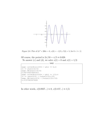 Figure 2.8: Plot of 2x′′ + 200x = 0, x(0) = −2/3, x′ (0) = 5, for 0 < t < 2.


Of course, the period is 2π/10 = π/5 ≈ 0.628.
 To answer (c) and (d), we solve x(t) = 0 and x(t) = 1/2:
                                   SAGE

sage: solve(A*sin(10*t + phi) == 0,t)
[t == atan(1/2)/5]
sage: RR(atan(1/2)/5)
0.0927295218001612
sage: solve(A*sin(10*t + phi) == 1/2,t)
[t == (asin(3/5) + 2*atan(1/2))/10]
sage: RR((asin(3/5) + 2*atan(1/2))/10)
0.157079632679490




In other words, x(0.0927...) ≈ 0, x(0.157...) ≈ 1/2.
 