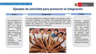 Asistencia Técnica Macroregional 2023-DES
Nos presentamos de
manera respetuosa,
Podemos romper el
hielo con alguna
dinámica, de acuerdo
al contexto
sociocultural de la
región. Recuerda que
algunos estudiantes
se encuentran en
proceso de
transición,
necesitarán más
acompañamiento
para su adaptación.
En círculo establecemos un diálogo de reflexión con preguntas: ¿Cómo
se sienten al regresar a la escuela? ¿Qué expectativas tienen para
este año escolar? ¿Qué esperan de sus docentes este año?, ¿Qué
esperas de ti mismo? etc. Como segunda alternativa un mural en
papelote donde registren sus respuestas.
Promueve acciones
que generen mensajes
de agradecimiento por
estar juntos en este
año y que siempre
serán soporte entre
todos para aprender y
se apoyarán hasta
culminar la secundaria.
Pueden expresarlo con
un abrazo.
Finalmente establece
compromisos para una
adecuada convivencia.
Ejemplo de actividad para promover la integración
Desarrollo Cierre
Inicio
 