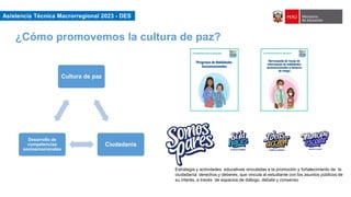 Asistencia Técnica Macroregional 2023-DES
Cultura de paz
Ciudadanía
Desarrollo de
competencias
socioemocionales
Estrategia y actividades educativas vinculadas a la promoción y fortalecimiento de la
ciudadanía: derechos y deberes, que vincula al estudiante con los asuntos públicos de
su interés, a través de espacios de diálogo, debate y consenso
¿Cómo promovemos la cultura de paz?
Asistencia Técnica Macrorregional 2023 - DES
 