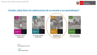 Estudio: ¿Qué dicen los adolescentes de su escuela y sus aprendizajes?
Serie:
Ser Adolescente en el Perú
Asistencia Técnica Macrorregional 2023-DES
El mundo interno
adolescente
El mundo racional
adolescente
Aprender en la
adolescencia
Retos del contexto
en la adolescencia
Autor:
María Angelíca Pease
 