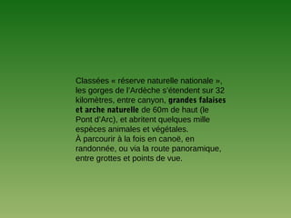 Classées « réserve naturelle nationale »,
les gorges de l’Ardèche s’étendent sur 32
kilomètres, entre canyon, grandes falaises
et arche naturelle de 60m de haut (le
Pont d’Arc), et abritent quelques mille
espèces animales et végétales.
À parcourir à la fois en canoë, en
randonnée, ou via la route panoramique,
entre grottes et points de vue.
 