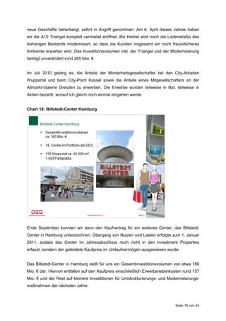 neue Geschäfte beherbergt, sofort in Angriff genommen. Am 6. April dieses Jahres haben
wir die A10 Triangel komplett vermietet eröffnet. Bis Herbst wird noch die Ladenstraße des
bisherigen Bestands modernisiert, so dass die Kunden insgesamt ein noch freundlicheres
Ambiente erwarten wird. Das Investitionsvolumen inkl. der Triangel und der Modernisierung
beträgt unverändert rund 265 Mio. €.


Im Juli 2010 gelang es, die Anteile der Minderheitsgesellschafter bei den City-Arkaden
Wuppertal und beim City-Point Kassel sowie die Anteile eines Mitgesellschafters an der
Altmarkt-Galerie Dresden zu erwerben. Die Erwerbe wurden teilweise in Bar, teilweise in
Aktien bezahlt, worauf ich gleich noch einmal eingehen werde.


Chart 18: Billstedt-Center Hamburg




Ende September konnten wir dann den Kaufvertrag für ein weiteres Center, das Billstedt-
Center in Hamburg unterzeichnen. Übergang von Nutzen und Lasten erfolgte zum 1. Januar
2011, sodass das Center im Jahresabschluss noch nicht in den Investment Properties
erfasst, sondern der geleistete Kaufpreis im Umlaufvermögen ausgewiesen wurde.


Das Billstedt-Center in Hamburg stellt für uns ein Gesamtinvestitionsvolumen von etwa 160
Mio. € dar. Hiervon entfallen auf den Kaufpreis einschließlich Erwerbsnebenkosten rund 157
Mio. € und der Rest auf kleinere Investitionen für Umstrukturierungs- und Modernisierungs-
maßnahmen der nächsten Jahre.



                                                                             Seite 16 von 24
 