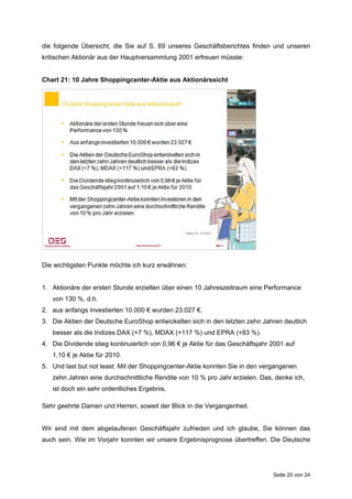 die folgende Übersicht, die Sie auf S. 69 unseres Geschäftsberichtes finden und unseren
kritischen Aktionär aus der Hauptversammlung 2001 erfreuen müsste:


Chart 21: 10 Jahre Shoppingcenter-Aktie aus Aktionärssicht




Die wichtigsten Punkte möchte ich kurz erwähnen:


1. Aktionäre der ersten Stunde erzielten über einen 10 Jahreszeitraum eine Performance
   von 130 %, d.h.
2. aus anfangs investierten 10.000 € wurden 23.027 €.
3. Die Aktien der Deutsche EuroShop entwickelten sich in den letzten zehn Jahren deutlich
   besser als die Indizes DAX (+7 %), MDAX (+117 %) und EPRA (+83 %).
4. Die Dividende stieg kontinuierlich von 0,96 € je Aktie für das Geschäftsjahr 2001 auf
   1,10 € je Aktie für 2010.
5. Und last but not least: Mit der Shoppingcenter-Aktie konnten Sie in den vergangenen
   zehn Jahren eine durchschnittliche Rendite von 10 % pro Jahr erzielen. Das, denke ich,
   ist doch ein sehr ordentliches Ergebnis.

Sehr geehrte Damen und Herren, soweit der Blick in die Vergangenheit.


Wir sind mit dem abgelaufenen Geschäftsjahr zufrieden und ich glaube, Sie können das
auch sein. Wie im Vorjahr konnten wir unsere Ergebnisprognose übertreffen. Die Deutsche




                                                                                Seite 20 von 24
 