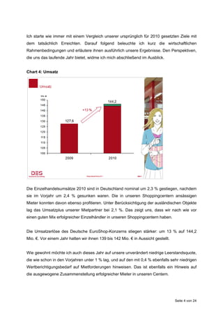 Ich starte wie immer mit einem Vergleich unserer ursprünglich für 2010 gesetzten Ziele mit
dem tatsächlich Erreichten. Darauf folgend beleuchte ich kurz die wirtschaftlichen
Rahmenbedingungen und erläutere ihnen ausführlich unsere Ergebnisse. Den Perspektiven,
die uns das laufende Jahr bietet, widme ich mich abschließend im Ausblick.


Chart 4: Umsatz




Die Einzelhandelsumsätze 2010 sind in Deutschland nominal um 2,3 % gestiegen, nachdem
sie im Vorjahr um 2,4 % gesunken waren. Die in unseren Shoppingcentern ansässigen
Mieter konnten davon ebenso profitieren. Unter Berücksichtigung der ausländischen Objekte
lag das Umsatzplus unserer Mietpartner bei 2,1 %. Das zeigt uns, dass wir nach wie vor
einen guten Mix erfolgreicher Einzelhändler in unseren Shoppingcentern haben.


Die Umsatzerlöse des Deutsche EuroShop-Konzerns stiegen stärker: um 13 % auf 144,2
Mio. €. Vor einem Jahr hatten wir ihnen 139 bis 142 Mio. € in Aussicht gestellt.


Wie gewohnt möchte ich auch dieses Jahr auf unsere unverändert niedrige Leerstandsquote,
die wie schon in den Vorjahren unter 1 % lag, und auf den mit 0,4 % ebenfalls sehr niedrigen
Wertberichtigungsbedarf auf Mietforderungen hinweisen. Das ist ebenfalls ein Hinweis auf
die ausgewogene Zusammenstellung erfolgreicher Mieter in unseren Centern.




                                                                                   Seite 4 von 24
 