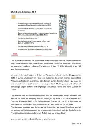 Chart 8: Immobilienmarkt 2010




Das Transaktionsvolumen für Investitionen in kontinentaleuropäische Einzelhandelsimmo-
bilien (Shoppingcenter, Fachmarktzentren und Factory Outlets) ist 2010 nach einer Unter-
suchung von Jones Lang LaSalle im Vergleich zum Vorjahr (12,3 Mrd. €) um 68 % auf 20,7
Mrd. € emporgeschnellt.


Mit einem Anteil von knapp zwei Dritteln am Transaktionsvolumen standen Shoppingcenter
2010 in Europa unverändert im Fokus der Investoren, die weiter defensiv ausgerichtete
Anlagemöglichkeiten im sogenannten Core-Bereich suchen. Core-Investoren – zu denen wir
uns bekanntermaßen auch zählen – bevorzugen stabile Marktsegmente und achten auf
erstklassige Lagen, sichere und langfristige Mietverträge sowie eine hohe Qualität der
Mieter.


Die Renditen von Einzelhandelsimmobilien sind im Jahresverlauf weiter gesunken. Die
Rendite für deutsche Shoppingcenter in Top-Lagen lag Ende 2010 nach Angaben von
Cushman & Wakefield bei 5,15 %, Ende des ersten Quartals 2011 bei 5,1 %. Damit sind sie
nicht mehr weit entfernt vom Spitzenwert der letzten zehn Jahre, der bei 5,0 % lag.
Transaktionen benötigen aber längere Vermarktungszeiten als vor der Finanzkrise, was auf
ein gestiegenes Risikobewusstsein der Investoren schließen lässt. Auch die Beschaffung der
Fremdfinanzierungsmittel erfordert mehr Zeit als noch vor einigen Jahren.


Und nun zum operativen Geschäft unseres Unternehmens.

                                                                                 Seite 7 von 24
 