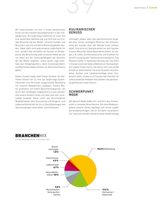 Wir unterscheiden uns hier in einem wesentlichen
Punkt von den meisten Hauseigentümern in der Fuß-
gängerzone: Als langfristige Investoren ist unser Ziel
eine dauerhafte Optimierung und nicht die kurzfris-
tige Maximierung der Mieten. Unseren Kunden und
Besuchern soll eine attraktive Mischung geboten wer-
den. Dabei steht nicht jede einzelne Ladenfläche für
sich, sondern die Immobilie als Ganzes im Vorder-
grund. Die Berechnung jeder einzelnen Miete beruht
vor allem auf der Leistungsfähigkeit der Branche,
der der Mieter angehört, sowie seiner Lage inner-
halb des Shoppingcenters. Auch Existenzgründern
und Nischenkonzepten können wir damit eine Chance
geben.
Dieses System bietet allen Seiten Vorteile: Als Ver-
mieter können wir so eine auf langfristige Zusam-
menarbeit und Vertrauen ausgerichtete Beziehung
mit unseren Mietpartnern aufbauen. Unsere Mie-
ter profitieren von hohen Besucherfrequenzen, die
durch den vielfältigen Angebotsmix erzielt werden.
Und unsere Kunden freuen sich über eine sehr reich-
haltige Auswahl. Diese reicht von verschiedenen
Modekonzepten über Accessoires und Drogerie- und
Lebensmittelmärkte bis hin zu Dienstleistungen wie
Textilreinigungen sowie Bank- und Postfilialen.
KULINARISCHER
GENUSS
Umfragen zeigen, dass das gastronomische Ange-
bot eine immer wichtigere Rolle bei der Entschei-
dung der Kunden über den Besuch eines Centers
spielt. Und nicht nur deshalb wollen wir den Gaumen
unserer Besucher etwas Besonderes bieten: So sor-
gen z. B. Cafés, Schnellrestaurants und Eisdielen für
eine Erfrischung oder Stärkung zwischendurch. Das
Phoenix-Center in Hamburg-Harburg, der City-Point
in Kassel sowie die Galeria Bałtycka in Danzig besit-
zen eigene Food-Courts, bei denen sich eine große
Anzahl an Gastronomen mit einer Auswahl verschie-
dener Küchen und Ländereinschläge einen Sitz­
bereich teilen, so dass sich Freunde oder Familien für
unterschiedliche Anbieter entscheiden und gleichzei-
tig gemeinsam essen können.
SCHWERPUNKT
MODE
Der Bereich Mode bildet mit rund 54 % den Schwer-
punkt in unserem Branchenmix. Die hohe Modekom-
petenz unserer Center bestätigt sich immer wieder
bei Kundenumfragen. Sie ist mit dafür verantwort-
lich, dass die Kunden teilweise weite Anfahrtswege
53,5% Bekleidung
17,2%
Hartwaren/
Elektronik
Dienst-
leistungen
1,8%
Gastronomie
4,9%
Lebensmittel
6,7%
Gesundheits-
sektor 7,0%
9,0%
Warenhäuser/
Verbraucher-
märkte
BRANCHENMIX
(in % der Mietfläche), Stand: 31. Dezember 2021
39 Das Portfolio / CENTER
 