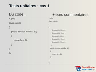 Tests unitaires : cas 1 
Du code... +ieurs commentaires 
<?php 
class calculs 
{ 
public function add($a, $b) 
{ 
return $a + $b; 
} 
} 
?> 
<?php 
class calculs 
{ 
/** 
* @assert (0, 0) == 0 
* @assert (0, 1) == 1 
* @assert (1, 0) == 1 
* @assert (1, 1) == 2 
* @assert (1, 2) == 3 
*/ 
public function add($a, $b) 
{ 
return $a + $b; 
} 
} 
?> 
 