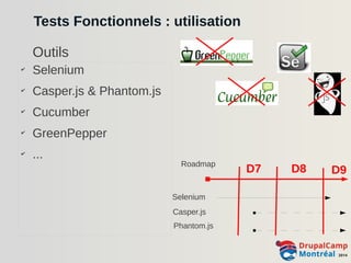 Tests Fonctionnels : utilisation 
Outils 
✔ Selenium 
✔ Casper.js & Phantom.js 
✔ Cucumber 
✔ GreenPepper 
✔ ... 
D7 D8 D9 
Roadmap 
Selenium 
Casper.js 
Phantom.js 
 