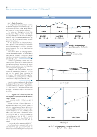 64
Cahiers de notes documentaires - Hygiène et sécurité du travail - N° 177, 4e trimestre 1999
6.2.2. - Règles d'exécution
En complément des dispositions relatives
au désenfumage naturel, définies au § 3, les
installations de désenfumage des locaux doi-
vent respecter les prescriptions suivantes :
- les locaux sont découpés en cantons de
désenfumage d'une superficie maximale de
1600 m2. La longueur d'un canton ne doit pas
dépasser 60 m. Les cantons sont délimités par
des écrans de cantonnement ou par la confi-
guration de la toiture.
De plus des écrans de cantonnement doi-
vents'opposeraumouvementdesfuméesvers
les trémies mettant en communication plu-
sieurs niveaux, si elles ne participent pas au
désenfumage :
- les surfaces prises en compte pour l'éva-
cuation des fumées doivent se situer dans la
zone enfumée. Les surfaces prises en compte
pour les amenées d'air doivent être dans la
zone libre de fumée ;
- la surface géométrique totale des ame-
nées d'air doit être au moins égale à celle des
évacuations de fumée. Dans le cas de locaux
divisés en cantons, cette amenée d'air peut se
faire par les cantons périphériques ;
- tout point d'un canton dont la pente des
toitures ou plafonds est inférieure à 10 % ne
doit pas être séparé d'une évacuation de
fumée par une distance horizontale supérieu-
reàseptfoislahauteurmoyennesousplafond,
cette distance ne pouvant excéder 30 m.
-danslescantonsdontlapentedestoitures
ou des plafonds est supérieure à 10 %, les éva-
cuations de fumée doivent être implantées le
plus haut possible, à une hauteur supérieure
ou égale à la hauteur moyenne sous plafond
ou toiture.
6.2.3. - Règle de calcul de la surface utile des
évacuations de fumées nécessaire au désenfu-
mage d'un local
1°) Locaux de surface inférieure ou égale à
1000 m2 :
Dans le cas où la superficie des locaux à
désenfumer n'excède pas 1000 m2, la surface
utile des évacuations de fumée doit corres-
pondreau1/200delasurface,mesuréeenpro-
jection horizontale du local. Toutefois, cette
surface peut être limitée à la valeur de la sur-
face utile calculée au moyen du tableau de
l'annexe I, pour un local de 1000 m2 ayant la
même hauteur moyenne sous plafond ou toi-
ture et la même hauteur de zone libre de
fumée.
2°) Locaux de surface supérieure à 1000 m2 :
La surface utile des évacuations de fumée
est déterminée par type d'exploitation en
fonction de la hauteur moyenne sous plafond
왔
Supplément I (suite)
E
d
d'
E
CANTON 1 CANTON 2
d''
E
E
Toiture pente < 10 %
H
Vue en coupe
Vue en plan
(d, d', d'' : distances à une évacuation de fumée)
d, d', d'' ⭐ 7H et ⭐ 30 m
 