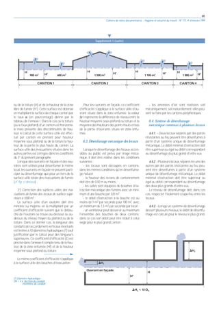 65
Cahiers de notes documentaires - Hygiène et sécurité du travail - N° 177, 4e trimestre 1999
ou de la toiture (H) et de la hauteur de la zone
libre de fumée (H'). Cette surface est obtenue
enmultipliantlasurfacedechaquecantonpar
le taux α (en pourcentage) donné par le
tableau de l'annexe I. Dans le cas où la toiture
(ou le faux plafond) d'un canton est horizonta-
le mais présente des discontinuités de hau-
teur, le calcul de cette surface utile est effec-
tué par canton en prenant pour hauteur
moyenne sous plafond ou de la toiture la hau-
teur de la partie la plus haute du canton. La
surface utile des évacuations situées dans les
autres parties est corrigée dans les conditions
du 3° du présent paragraphe.
Lorsque des ouvrants en façade et des exu-
toires sont utilisés pour désenfumer le même
local, les ouvrants en façade ne peuvent parti-
ciper au désenfumage que pour un tiers de la
surface utile totale des évacuations de fumée
(cf. fig. ci-dessus) .
3°) Correction des surfaces utiles des éva-
cuations de fumée des locaux de surface supé-
rieure à 1000 m2 :
La surface utile d'un exutoire doit être
minorée ou majorée en la multipliant par un
coefficient d'efficacité suivant que le débou-
ché de l'exutoire se trouve au-dessous ou au-
dessus du niveau moyen du plafond ou de la
toiture. Dans ce dernier cas, la longueur des
conduits de raccordement verticauxéventuels
est limitée à 10 diamètres hydrauliques (2) sauf
justification par le calcul pour des longueurs
supérieures. Ce coefficient d'efficacité (E) est
précisédansl'annexeIIcomptetenudelahau-
teur de la zone enfumée (Hf) et de la hauteur
moyenne sous plafond ou toiture.
Le même coefficient d'efficacité s'applique
à la surface utile des bouches d'évacuation.
Pour les ouvrants en façade, ce coefficient
d'efficacité s'applique à la surface utile d'ou-
vrant située dans la zone enfumée; la valeur
∆H représente la différence de niveau entre la
hauteur moyenne sous plafond ou toiture et la
moyenne des hauteurs des points hauts et bas
de la partie d'ouvrants située en zone enfu-
mée.
6.3. Désenfumage mécanique des locaux
Lorsque le désenfumage des locaux acces-
sibles au public est prévu par tirage méca-
nique, il doit être réalisé dans les conditions
suivantes :
- les locaux sont découpés en cantons,
dans les mêmes conditions qu'en désenfuma-
ge naturel;
- la hauteur des écrans de cantonnement
doit être de 0,50 m au moins ;
- les salles sont équipées de bouches d'ex-
traction mécanique des fumées avec un mini-
mum d'une bouche par 320 m2 ;
- le débit d'extraction à la bouche est au
moins de 1 m3 par seconde pour 100 m2, avec
un minimum de 1,5 m3 par seconde par local ;
- un ventilateur peut desservir au maximum
l'ensemble des bouches de deux cantons;
dans ce cas son débit peut être réduit à celui
exigé pour le plus grand canton ;
- les amenées d'air sont réalisées soit
mécaniquement, soit naturellement; elles peu-
vent se faire par les cantons périphériques.
6.4. Système de désenfumage
mécanique commun à plusieurs locaux
6.4.1. - Deux locaux séparés par des parois
résistantes au feu peuvent être désenfumés à
partir d'un système unique de désenfumage
mécanique. Le débit minimal d'extraction doit
être supérieur ou égal au débit correspondant
au désenfumage du plus grand d'entre eux.
6.4.2.-Plusieurslocaux,séparéslesunsdes
autres par des parois résistantes au feu, peu-
vent être désenfumés à partir d'un système
unique de désenfumage mécanique. Le débit
minimal d'extraction doit être supérieur ou
égal au débit correspondant au désenfumage
des deux plus grands d'entre eux.
Le réseau de désenfumage doit, dans ces
cas, respecter l'isolement coupe-feu entre les
locaux.
6.4.3. - Lorsqu'un système de désenfumage
dessert plusieurs niveaux, le débit de désenfu-
mage est calculé pour le niveau le plus grand.
왔
Supplément I (suite)
H'
H
H'
H H'
H
H'
H
CANTON 4
CANTON 3
CANTON 2
CANTON 1
1 000 m2
1 100 m2
1 500 m2
900 m2
600 m2
⌬H2 ⭐ 10 Dh
Ouvrant en façade
⌬H1
⌬H2
H'
H
(2) Diamètre hydraulique :
Dh = 4 x Section du conduit .
Périmètre du conduit
 