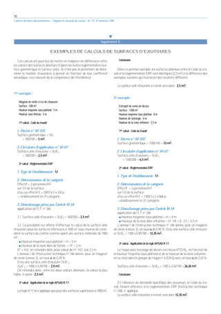 72
Cahiers de notes documentaires - Hygiène et sécurité du travail - N° 177, 4e trimestre 1999
Ces calculs ont pour but de mettre en évidence les différences entre
lesvaleursdessurfacesobtenuesd'aprèslestextesréglementaires(sur-
face géométrique et surface utile). Ils n'ont pas la prétention de déter-
miner le nombre d'exutoires à prévoir en fonction de leur coefficient
aéraulique, ceci relevant de la compétence de l'installateur.
1er exemple :
Magasin de vente à rez-de-chaussée
Surface : 500 m2
Hauteur moyenne sous plafond : 5 m
Hauteur sous linteau : 2 m
1er calcul : Code du travail
1. Décret n° 92-332
Surface géométrique = SG
= 500/100 = 5 m2.
2. Circulaire d'application n° 95-07
Surface utile d'exutoire = SUE1
= 500/200 = 2,5 m2.
2e calcul : Réglementation ERP
1. Type de l'établissement : M
2. Détermination de la catégorie
Effectif = 2 personnes/m2
sur 1/3 de la surface
d'où un effectif E = 500/3 x 2 ≈ 333 p.
씮 établissement en 3e catégorie
3. Désenfumage prévu par l'article M 18
application de l'I.T. n° 246.
3.1. Surface utile d'exutoire = SUE2 = 500/200 = 2,5 m2.
3.2. La possibilité est offerte d'effectuer le calcul de la surface utile
d'exutoire pour les surfaces inférieures à 1000 m2 sous réserve de consi-
dérer la surface du canton comme ayant une surface minimale de 1000
m2.
쐌 Hauteur moyenne sous plafond = H = 5 m
쐌 Hauteur de la zone libre de fumée = H' = 2 m
H' < H/2, on retiendra donc pour valeur de H': H/2, soit 2,5 m.
L'annexe I de l'Instruction technique n° 246 donne, pour un magasin
de vente (classe 3), un taux α de 0,29 %.
D'où une surface utile d'exutoire SUE'2 :
SUE'2 = 1000 x 0,29/100 = 2,9 m2.
On retiendra donc, entre les deux valeurs obtenues, la valeur la plus
faible, à savoir : 2,5 m2.
3e calcul : Application de la règle APSAD R 17
LarègleR17nes'appliquequepourdessurfacessupérieuresà1000m2.
Conclusion
Dans ce premier exemple, les surfaces obtenues entre le Code du tra-
vail et la réglementation ERP sont identiques (2,5 m2) à la différence des
exemples suivants qui fourniront des résultats différents.
La surface utile d'exutoire à retenir sera donc : 2,5 m2.
2e exemple :
Entrepôt de vente de décors
Surface : 1300 m2
Hauteur moyenne sous plafond : 8 m
Hauteur de stockage : 6 m
Hauteur de la zone enfumée : 2,5 m
1er calcul : Code du travail
1. Décret n° 92-332
Surface géométrique = 1300/100 = 13 m2.
2. Circulaire d'application n° 95-07
Surface utile d'exutoire = SUE1
= 1300/200 = 6,5 m2.
2e calcul : Réglementation ERP
1. Type de l'établissement : M
2. Détermination de la catégorie
Effectif = 2 personnes/m2
sur 1/3 de la surface
d'où un effectif E = 1300/3 x 2 ≈ 866 p.
씮établissement en 2e catégorie
3. Désenfumage prévu par l'article M 18
application de l'I.T. n° 246.
쐌 Hauteur moyenne sous plafond = H = 8 m
쐌 Hauteur de la zone libre enfumée = H - Hf = 8 - 2,5 = 5,5 m
L'annexe I de l'Instruction technique n° 246 donne, pour un magasin
de vente (classe 3), un taux α de 0,95 %. D'où une surface utile d'exutoi-
re SUE2 = 1300 x 0,95/100 = 12,35 m2.
3e calcul : Application de la règle APSAD R 17
Le risque pour stockage de décors est classé RTD B3 , en fonction de
la hauteur moyenne sous plafond et de la hauteur de la zone enfumée ;
onsesituedanslegroupederisquen°6(GR6)avecuntauxα de2,02%.
Surface utile d'exutoire = SUE3 = 1300 x 2,02/100 = 26,26 m2.
Conclusion
En l'absence de demande spécifique des assureurs, le Code du tra-
vail, faisant référence à la réglementation ERP (Instruction technique
n° 246), s' applique.
La surface utile d'exutoire à retenir sera donc 12,35 m2.
왔
Supplément II
EXEMPLES DE CALCULS DE SURFACES D’EXUTOIRES
 