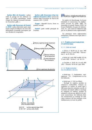 51
Cahiers de notes documentaires - Hygiène et sécurité du travail - N° 177, 4e trimestre 1999
Niveau supérieur de la couverture
Niveau médian de la couverture
Niveau médian de la couverture
Niveau inférieur
de la couverture
Limite inférieure
des retombées
Face supérieure du plancher
Zone
enfumées
(A)
Zone
enfumées
(A)
Hauteur
de
référence
(B)
Fumées - Gaz chauds
(flux aérodynamique)
A
A'
B'
B
D'
D
C'
C
A B C D : surface géométrique (SG)
A' B' C' D' : surface utile (SUE)
2. Textes réglementaires
En matière de désenfumage, les locaux
industriels et commerciaux, les établisse-
ments recevant du public (ERP), les
immeubles de grande hauteur (IGH), les
locaux d'habitation, les parcs de stationne-
ment, etc., sont autant de bâtiments régis
par un ou plusieurs textes réglementaires.
Les principaux textes réglementaires
mentionnés ci-dessous sont repris dans le
supplément I.
2.1. Établissement industriels
et commerciaux
2.1.1. Code du travail
쐌 Décret n° 92-332 du 31 mars 1992
modifié (J.O. du 1er avril 1992) - Sous-sec-
tion 3 - art. R. 235-4-8.
쐌 Arrêté du 5 août 1992 modifié (J.O. du
12 août 1992) - Section 2 - art. 10 à 15.
쐌 Circulaire n° 95-07 du 14 avril 1995
(B.O. - Travail n° 95/10 du 5 juin 1995).
2.1.2. Réglementation
des installations classées
쐌 Arrêté-type - 2 - Implantation - amé-
nagement - 2.4. - Comportement au feu
des bâtiments.
쐌 Arrêté-type n° 1510 (ex-183ter).
- Stockage de matières, produits ou
substances combustibles, toxiques ou
explosives en volume au moins égal à
500 tonnes dans des entrepôts couverts, (à
l’exclusion des dépôts utilisés ou stockage
de catégories de matières, produits ou
substances relevant par ailleurs de la pré-
sente nomenclature, des bâtiments desti-
nés exclusivement au remisage de véhi-
cules à moteur et de leur remorque et des
établissements recevant du public).
Surface libre de l'exutoire : surface
réelle de passage de l'air, inférieure ou
égale à la surface géométrique, tenant
compte des obstacles éventuels (mécanis-
me d'ouverture, grille...).
Surface utile d'ouverture de l'exutoi-
re (SUE) : surface déterminée après essais
tenant compte de l'influence du vent et des
déformations éventuelles provoquées par
une élévation de température.
Surface utile d'ouverture d'une ins-
tallation d'exutoires (SUI) : somme des
surfaces utiles d'ouverture de chacun des
exutoires (SUI = ∑ SUE).
Trappe : dispositif d'accès, fermé en
position normale.
Vantail : partie mobile principale de
l'exutoire.
 