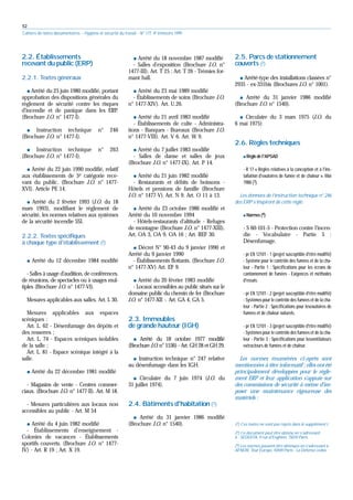52
Cahiers de notes documentaires - Hygiène et sécurité du travail - N° 177, 4e trimestre 1999
2.2. Établissements
recevant du public (ERP)
2.2.1. Textes généraux
쐌 Arrêté du 25 juin 1980 modifié, portant
approbation des dispositions générales du
règlement de sécurité contre les risques
d'incendie et de panique dans les ERP.
(Brochure J.O. n° 1477-I).
쐌 Instruction technique n° 246
(Brochure J.O. n° 1477-I).
쐌 Instruction technique n° 263
(Brochure J.O. n° 1477-I).
쐌 Arrêté du 22 juin 1990 modifié, relatif
aux établissements de 5e catégorie rece-
vant du public. (Brochure J.O. n° 1477-
XVI). Article PE 14.
쐌 Arrêté du 2 février 1993 (J.O. du 18
mars 1993), modifiant le règlement de
sécurité, les normes relatives aux systèmes
de la sécurité incendie SSI.
2.2.2. Textes spécifiques
à chaque type d'établissement (2)
쐌 Arrêté du 12 décembre 1984 modifié
- Salles à usage d'audition, de conférences,
de réunions, de spectacles ou à usages mul-
tiples (Brochure J.O. n° 1477-VI).
Mesures applicables aux salles. Art. L 30.
Mesures applicables aux espaces
scéniques :
Art. L. 62 - Désenfumage des dépôts et
des resserres ;
Art. L. 74 - Espaces scéniques isolables
de la salle ;
Art. L. 81 - Espace scénique intégré à la
salle.
쐌 Arrêté du 22 décembre 1981 modifié
- Magasins de vente - Centres commer-
ciaux. (Brochure J.O. n° 1477-II). Art. M 18.
- Mesures particulières aux locaux non
accessibles au public - Art. M 54
쐌 Arrêté du 4 juin 1982 modifié
- Établissements d'enseignement -
Colonies de vacances - Établissements
sportifs couverts. (Brochure J.O. n° 1477-
IV) - Art. R 19 ; Art. X 19.
쐌 Arrêté du 18 novembre 1987 modifié
- Salles d'exposition (Brochure J.O. n°
1477-III). Art. T 25 ; Art. T 26 - Trémies for-
mant hall.
쐌 Arrêté du 23 mai 1989 modifié
- Établissements de soins (Brochure J.O.
n° 1477-XIV). Art. U.26.
쐌 Arrêté du 21 avril 1983 modifié
- Établissements de culte - Administra-
tions - Banques - Bureaux (Brochure J.O.
n° 1477-VIII). Art. V 6. Art. W 9.
쐌 Arrêté du 7 juillet 1983 modifié
- Salles de danse et salles de jeux
(Brochure J.O. n° 1477-IX). Art. P 14.
쐌 Arrêté du 21 juin 1982 modifié
- Restaurants et débits de boissons -
Hôtels et pensions de famille (Brochure
J.O. n° 1477-V). Art. N 9. Art. O 11 à 13.
쐌 Arrêté du 23 octobre 1986 modifié et
Arrêté du 10 novembre 1994
- Hôtels-restaurants d'altitude - Refuges
de montagne (Brochure J.O. n° 1477-XIII).
Art. OA 3, OA 9, OA 16 ; Art. REF 30.
쐌 Décret N° 90-43 du 9 janvier 1990 et
Arrêté du 9 janvier 1990
- Établissements flottants. (Brochure J.O.
n° 1477-XV) Art. EF 9.
쐌 Arrêté du 20 février 1983 modifié
- Locaux accessibles au public situés sur le
domaine public du chemin de fer (Brochure
J.O. n° 1477-XII -. Art. GA 4, GA 5.
2.3. Immeubles
de grande hauteur (IGH)
쐌 Arrêté du 18 octobre 1977 modifié
(Brochure J.O.n° 1536) - Art. GH 28 et GH 29.
쐌 Instruction technique n° 247 relative
au désenfumage dans les IGH.
쐌 Circulaire du 7 juin 1974 (J.O. du
31 juillet 1974).
2.4. Bâtiments d'habitation(2)
쐌 Arrêté du 31 janvier 1986 modifié
(Brochure J.O. n° 1540).
2.5. Parcs de stationnement
couverts (2)
쐌 Arrêté-type des installations classées n°
2935 - ex-331bis (Brochures J.O. n° 1001).
쐌 Arrêté du 31 janvier 1986 modifié
(Brochure J.O. n° 1540).
쐌 Circulaire du 3 mars 1975 (J.O. du
6 mai 1975).
2.6. Règles techniques
쐌Règle de l'APSAD
- R 17 « Règles relatives à la conception et à l'ins-
tallation d'exutoires de fumée et de chaleur ». Mai
1980 (3).
Les données de l’instruction technique n° 246
des ERP s’inspirent de cette règle.
쐌Normes (4)
- S 60-101-5 - Protection contre l'incen-
die - Vocabulaire - Partie 5 :
Désenfumage.
- pr EN 12101 - 1 (projet susceptible d'être modifié)
- Système pour le contrôle des fumées et de la cha-
leur - Partie 1 : Spécifications pour les écrans de
cantonnement de fumées - Exigences et méthodes
d'essais.
- pr EN 12101 - 2 (projet susceptible d'être modifié)
- Systèmes pour le contrôle des fumées et de la cha-
leur - Partie 2 : Spécifications pour lesexutoires de
fumées et de chaleur naturels.
- pr EN 12101 - 3 (projet susceptible d'être modifié)
- Systèmes pour le contrôle des fumées et de la cha-
leur - Partie 3 : Spécifications pour lesventilateurs
extracteurs de fumées et de chaleur.
Les normes énumérées ci-après sont
mentionnées à titre informatif ; elles ont été
principalement développées pour le règle-
ment ERP et leur application s'appuie sur
des commissions de sécurité à même d'im-
poser une maintenance rigoureuse des
matériels :
(2) Ces textes ne sont pas repris dans le supplément I.
(3) Ce document peut être obtenu en s'adressant
à : SEDDITA, 9 rue d'Enghien, 75010 Paris.
(4) Les normes peuvent être obtenues en s'adressant à :
AFNOR, Tour Europe, 92049 Paris - La Défense cedex.
 