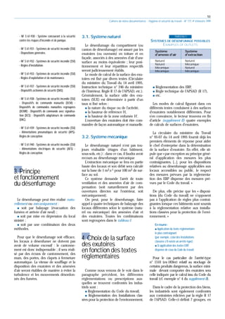 53
Cahiers de notes documentaires - Hygiène et sécurité du travail - N° 177, 4e trimestre 1999
- NF S 61-930 - Système concourant à la sécurité
contre les risques d'incendie et de panique.
- NF S 61-931 - Systèmes de sécurité incendie (SSI)
- Dispositions générales.
- NF S 61-932 - Systèmes de sécurité incendie (SSI)
- Règles d'installation.
- NF S 61-933 - Systèmes de sécurité incendie (SSI)
- Règles d'exploitation et de maintenance.
- NF S 61-937 - Systèmes de sécurité incendie (SSI)
- Dispositifs actionnés de sécurité (DAS).
- NF S 61-938 - Systèmes de sécurité incendie (SSI)
- Dispositifs de commande manuelle (DCM) -
Dispositifs de commandes manuelles regroupées
(DCMR) - Dispositifs de commande avec signalisa-
tion (DCS) - Dispositifs adaptateurs de commande
(DAC).
- NF S 61-939 - Systèmes de sécurité incendie (SSI)
- Alimentations pneumatiques de sécurité (APS)-
Règles de conception.
- NF S 61-940 - Systèmes de sécurité incendie (SSI)
- Alimentations électriques de sécurité (AES) -
Règles de conception.
3. Principe
et fonctionnement
du désenfumage
Le désenfumage peut être réalisé natu-
rellement ou mécaniquement :
쐌 soit par balayage (évacuation des
fumées et arrivée d'air neuf) ;
쐌 soit par mise en dépression du local
sinistré ;
쐌 soit par une combinaison des deux
méthodes.
Pour que le désenfumage soit efficace,
les locaux à désenfumer ne doivent pas
avoir de volume excessif : le cantonne-
ment est donc indispensable ; il sera réali-
sé par des écrans de cantonnement, des
murs, des portes, des clapets à fermeture
automatique. La vitesse de soufflage et la
disposition des exutoires et des amenées
d'air seront établies de manière à éviter la
turbulence et les mouvements désordon-
nés des fumées.
3.1. Système naturel
Le désenfumage du compartiment (ou
canton de désenfumage) est assuré par les
exutoires (ou ouvrants) en toiture et en
façade, associés à des amenées d'air d'une
surface au moins équivalente ; leur posi-
tionnement et leur répartition respectifs
seront judicieusement établis.
Le mode de calcul de la surface des exu-
toires est fixé par divers textes (Circulaire
du ministère du Travail du 14 avril 1995,
Instruction technique n° 246 du ministère
de l'Intérieur, Règle R 17 de l'APSAD, etc.).
Généralement, la surface utile des exu-
toires (SUE) est déterminée à partir d'un
taux α fixé selon :
쐌 la nature du risque ou de l'activité,
쐌 la hauteur de référence H,
쐌 la hauteur de la zone enfumée H'.
L'ouverture des exutoires doit être com-
mandée de façon automatique et manuelle.
3.2. Système mécanique
Le désenfumage naturel n'est pas tou-
jours réalisable (étages d'un bâtiment,
sous-sols, etc.) ; dans ce cas, il faudra avoir
recours au désenfumage mécanique
L'extraction mécanique se fera en partie
haute des locaux et son débit sera calculé
sur la base de 1 m3.s-1 pour 100 m2 de sur-
face au sol.
Ce système demande l'arrêt de toute
ventilation et des amenées d'air de com-
pensation (soit naturellement par des
ouvertures directes sur l'extérieur, soit
mécaniquement).
On peut, pour le désenfumage, faire
appel à quatre techniques de balayage des
locaux différentes selon le système (natu-
rel ou mécanique) des amenées d'air et
des exutoires. Toutes les combinaisons
sont regroupées dans le tableau I.
4. Choix de la surface
des exutoires
en fonction des textes
réglementaires
Comme nous venons de le voir dans le
paragraphe précédent, les différentes
réglementations ou prescriptions aux-
quelles se trouvent confrontés les indus-
triels sont :
쐌 Réglementation du Code du travail,
쐌 Réglementation des Installations clas-
sées pour la protection de l'environnement,
쐌 Réglementation des ERP,
쐌 Règle technique de l'APSAD (R 17),
쐌 etc.
Les modes de calcul figurant dans ces
différents textes conduisent à des surfaces
d'exutoires notablement différentes. Pour
s'en convaincre, le lecteur trouvera en fin
d’article (supplément II) quatre exemples
de calculs de surfaces d'exutoires.
La circulaire du ministère du Travail
n° 95-07 du 14 avril 1995 fournit déjà les
premiers éléments de réponse pour aider
le chef d'entreprise dans la détermination
de la surface d'exutoire. En effet, elle sti-
pule que « par exception au principe géné-
ral d'application des mesures les plus
contraignantes, [...], pour les dispositions
relatives au désenfumage applicables aux
locaux accessibles au public, le respect
des mesures prévues par la réglementa-
tion des ERP dispense des mesures pré-
vues par le Code du travail. »
De plus, elle précise que les « disposi-
tions [du Code du travail] ne s'opposent
pas à l'application de règles plus contrai-
gnantes lorsque ces bâtiments sont soumis
à la réglementation relative aux installa-
tions classées pour la protection de l'envi-
ronnement. »
En résumé :
쐌 Application du texte réglementaire
le plus contraignant
(par exemple, celui des Installations
classées s'il existe un arrêté-type) ;
쐌 Si application des textes ERP
,
dispense de ceux du Code du travail.
Pour le cas particulier de l'arrêté-type
n° 1510 (ex-183ter) relatif au stockage de
certains produits dangereux, la surface mini-
male devant comporter des exutoires sera
celle indiquée par le calcul issu du Code du
travail (cf. exemple n° 4 du supplément II).
Dans le cadre de la protection des biens,
les industriels sont également confrontés
aux contraintes édictées par la règle R 17
de l'APSAD. Celle-ci définit 7 groupes, en
TABLEAU I
SYSTÈMES DE DÉSENFUMAGE POSSIBLES
EXAMPLES OF OUTLETS
Système Système
d'amenée d'air d'extraction
Naturel Naturel
Naturel Mécanique
Mécanique Naturel
Mécanique Mécanique
 