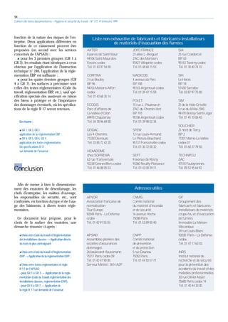 54
Cahiers de notes documentaires - Hygiène et sécurité du travail - N° 177, 4e trimestre 1999
fonction de la nature des risques de l'en-
treprise. Deux applications différentes en
fonction de ce classement peuvent être
proposées (en accord avec les services
concernés de l'APSAD) :
쐌 pour les 3 premiers groupes (GR 1 à
GR 3), les résultats étant identiques à ceux
obtenus par l'application de l'Instruction
technique n° 246, l'application de la régle-
mentation ERP est suffisante ;
쐌 pour les quatre derniers groupes (GR
4 à GR 7), les surfaces à préconiser sont
celles des textes réglementaires (Code du
travail, réglementation ERP, etc.), sauf spé-
cification spéciale des assureurs en raison
des biens à protéger et de l'importance
des dommages éventuels, où les spécifica-
tions de la règle R 17 seront retenues.
En résumé :
쐌 GR 1, GR 2, GR 3 :
application de la réglementation ERP ;
쐌 GR 4, GR 5, GR 6, GR 7 :
application des textes réglementaires
OU spécifications R 17
sur demande de l'assureur.
Conclusion
Afin de mener à bien le dimensionne-
ment des exutoires de désenfumage, les
chefs d'entreprise, les maîtres d'ouvrage,
les responsables de sécurité, etc., sont
confrontés, en fonction du type et de l'usa-
ge des bâtiments, à divers textes régle-
mentaires.
Ce document leur propose, pour le
choix de la surface des exutoires, une
démarche résumée ci-après :
쐌ChoixentreCodedutravailetRéglementation
desinstallationsclassées씮 Applicationdirecte
du texte le plus contraignant
쐌ChoixentreCodedutravailetRéglementation
ERP씮 ApplicationdelaréglementationERP;
쐌Choix entre textes réglementaires et règle
R 17 de l'APSAD
- pour GR 1 à GR 3 씮 Application de la régle-
mentation (Code du travail,réglementation des
installations classées, réglementation ERP)
- pour GR 4 à GR 7 씮 Application de
la règle R 17 sur demande de l'assureur.
AXTER
8 parvis de Saint-Maur
94106 Saint-Maur-des-
Fossés cedex
Tél. 01 43 97 54 00.
COMTRA
3 rue Bouley
BP 96
94703 Maisons-Alfort
cedex
Tél. 01 43 68 35 14.
ECODIS
Parc d'affaires de
La-Vallée-d'Ozon
69970 Chaponnay
Tél. 04 78 96 69 00.
GEIDAC
Les 4-Chemins
71330 Devrouze
Tél. 03 85 72 42 20.
HEXADOME
chez SOPREMA
62 rue Transversale
92238 Gennevilliers cedex
Tél. 01 46 88 05 53.
JOFO FRANCE
23 allée L.-Bréguet
ZAC des Merisiers
93421 Villepinte cedex
Tél. 01 48 60 15 53.
MADICOB
4 avenue du Parc
BP 108
95103 Argenteuil cedex
Tél. 01 39 47 15 59.
POLET
15 rue J. -Poulmarch
ZAC du Chemin-Vert
BP 193
95106 Argenteuil cedex
Tél. 01 39 98 02 34.
SPEM
12 rue Louis-Armand
Le Plessis-Bouchard
95137 Franconville cedex
Tél. 01 30 72 00 32.
SEPT
9 avenue de Rosny
93360 Neuilly-Plaisance
Tél. 01 43 00 39 11.
SIA
25 rue Condorcet
BP 63
95153 Taverny cedex
Tél. 01 30 40 74 10.
SIH
Le Haras
BP 18
57430 Sarralbe
Tél. 03 87 97 75 00.
SIM
ZI de la Haie-Griselle
5 rue du 8-Mai-1945
94470 Boissy-Saint-Léger
Tél. 01 45 10 06 40.
SOUCHIER
ZI nord de Torcy
BP 2
77201 Marne-La-Vallée
cedex 01
Tél. 01 60 37 79 50.
TECHNIFEU
ZAC
47510 Foulayronnes
Tél. 05 53 95 64 92.
Liste non exhaustive de fabricants et fabricants-installateurs
de matériels d’évacuation des fumées
Adresses utiles
AFNOR
Association française de
normalisation
Tour Europe
92049 Paris - La Défense
cedex
Tél. 01 42 91 55 55.
APSAD
Assemblée plénière des
sociétés d'assurances
dommages
26 boulevard Haussmann
75311 Paris cedex 09
Tél. 01 42 47 90 00.
Serveur Minitel : 3614 A2P
CNMIS
Comité national
du matériel d'incendie
et de sécurité
16 avenue Hoche
75008 Paris
Tél. 01 53 89 00 40.
CNPP
Comité national
de prévention
et de protection
5 rue Daunou
75002 Paris
Tél. 01 44 50 57 77.
GIF
Groupement des
fabricants et fabricants-
installateurs de matériels
coupe-feu et d'évacuation
de fumées
Immeuble La Maison-
Mécanique
39 rue Louis-Blanc
92038 Paris - La Défense
cedex
Tél. 01 47 17 63 03.
INRS
Institut national de
recherche et de sécurité
pour la prévention des
accidents du travail et des
maladies professionnelles
30 rue Olivier-Noyer
75680 Paris cedex 14
Tél. 01 40 44 30 00.
 
