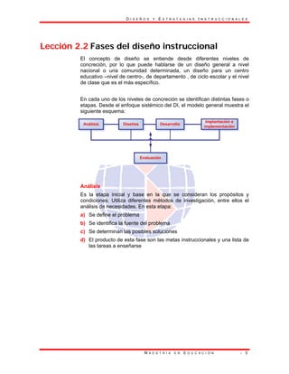 D I S E Ñ O S Y E S T R A T E G I A S I N S T R U C C I O N A L E S
M A E S T R Í A E N E D U C A C I Ó N - 5
Lección 2.2 Fases del diseño instruccional
El concepto de diseño se entiende desde diferentes niveles de
concreción, por lo que puede hablarse de un diseño general a nivel
nacional o una comunidad determinada, un diseño para un centro
educativo –nivel de centro-, de departamento , de ciclo escolar y el nivel
de clase que es el más específico.
En cada uno de los niveles de concreción se identifican distintas fases o
etapas. Desde el enfoque sistémico del DI, el modelo general muestra el
siguiente esquema:
Análisis
Es la etapa inicial y base en la que se consideran los propósitos y
condiciones. Utiliza diferentes métodos de investigación, entre ellos el
análisis de necesidades. En esta etapa:
a) Se define el problema
b) Se identifica la fuente del problema
c) Se determinan las posibles soluciones
d) El producto de esta fase son las metas instruccionales y una lista de
las tareas a enseñarse
 