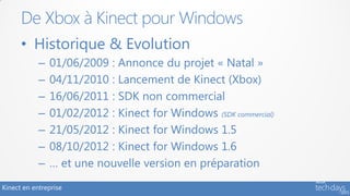 De Xbox à Kinect pour Windows
      • Historique & Evolution
            –   01/06/2009 : Annonce du projet « Natal »
            –   04/11/2010 : Lancement de Kinect (Xbox)
            –   16/06/2011 : SDK non commercial
            –   01/02/2012 : Kinect for Windows (SDK commercial)
            –   21/05/2012 : Kinect for Windows 1.5
            –   08/10/2012 : Kinect for Windows 1.6
            –   … et une nouvelle version en préparation
Kinect en entreprise
 