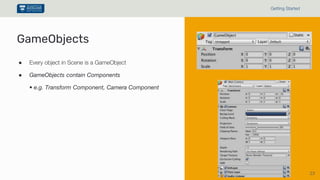 23
Getting Started
● Every object in Scene is a GameObject
● GameObjects contain Components
• e.g. Transform Component, Camera Component
GameObjects
 