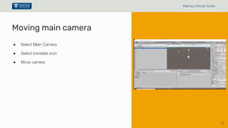 35
Making a Simple Scene
● Select Main Camera
● Select translate icon
● Move camera
Moving main camera
 