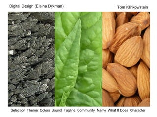 Digital Design (Elaine Dykman) Selection  Theme  Colors  Sound  Tagline  Community  Name  What It Does  Character  Tom Klinkowstein 