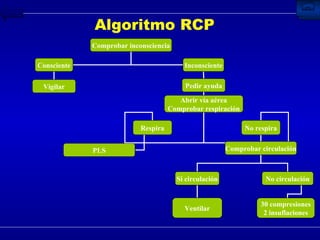 Algoritmo RCP Comprobar inconsciencia Consciente Inconsciente Vigilar Pedir ayuda Abrir vía aérea Comprobar respiración Respira No respira Comprobar circulación Si circulación No circulación Ventilar 30 compresiones 2 insuflaciones PLS 