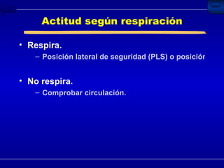 Actitud según respiración Respira. Posición lateral de seguridad (PLS) o posición de seguridad. No respira. Comprobar circulación. 