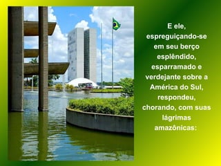 E ele, espreguiçando-se em seu berço esplêndido, esparramado e verdejante sobre a América do Sul, respondeu, chorando, com suas lágrimas amazônicas:  