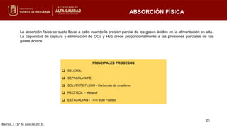 ABSORCIÓN FÍSICA
La absorción física se suele llevar a cabo cuando la presión parcial de los gases ácidos en la alimentación es alta.
La capacidad de captura y eliminación de CO2 y H2S crece proporcionalmente a las presiones parciales de los
gases ácidos.
23
PRINCIPALES PROCESOS
 SELEXOL
 SEPASOLV MPE
 SOLVENTE FLÚOR - Carbonato de propileno
 RECTISOL - Metanol
 ESTACOLVAN - Tri-n- butil Fosfato
Barrios, J. (17 de Julio de 2013).
 