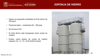 • Gases con pequeñas cantidades de H2S (menor de
300 ppm)
• Presiones bajas – moderadas (50 – 500 psig.
• No remueve CO2
• El óxido férrico está impregnado sobre virutas de
madera.
• Existen varios grados de virutas de madera
tratadas: 6,5 - 9 – 15 - 20 lb Fe2O3 /bushel
ESPONJA DE HIERRO
Cabarcas, M. (s.f.).
29
 