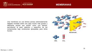 MEMBRANAS
Una membrana es una lámina porosa extremadamente
delgada montada sobre una capa mucho más gruesa y
altamente porosa que actúan como una barrera,
permitiendo el paso selectivo y específico de los
componentes bajo condiciones apropiadas para dicha
función.
Manrique, J. L. (2012).
33
 