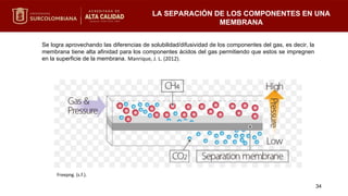 LA SEPARACIÓN DE LOS COMPONENTES EN UNA
MEMBRANA
Se logra aprovechando las diferencias de solubilidad/difusividad de los componentes del gas, es decir, la
membrana tiene alta afinidad para los componentes ácidos del gas permitiendo que estos se impregnen
en la superficie de la membrana. Manrique, J. L. (2012).
34
Freepng. (s.f.).
 