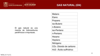 El gas natural es una
mezcla de hidrocarburos
parafínicos e impurezas.
GAS NATURAL (GN)
Núñez, A. P. (s.f.).
Metano
Etano
Propano
iso-Butano
n-Butano
iso-Pentano
n-Pentano
Hexano
Heptano
Nitrógeno
CO2 - Dióxido de carbono
H2S - Ácido sulfhídrico
4
 