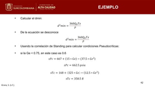 • Calcular el dmin:
• De la ecuación se desconoce
• Usando la correlación de Standing para calcular condiciones Pseudocríticas:
• si la Ge < 0.75, en este caso es 0.6
EJEMPLO
𝑑2𝑚𝑖𝑛 =
360𝑄𝜃𝑇𝑧
𝑃
𝑑2𝑚𝑖𝑛 =
360𝑄𝜃𝑇𝑧
𝑃
𝑠𝑃𝑐 = 667 + 15 ∗ 𝐺𝑒 − (37.5 ∗ 𝐺𝑒2)
𝑠𝑃𝑐 = 662.5 𝑝𝑠𝑖𝑎
𝑠𝑇𝑐 = 168 + 325 ∗ 𝐺𝑒 − 12.5 ∗ 𝐺𝑒2
𝑠𝑇𝑐 = 358.5 𝑅
42
Arana, S. (s.f.).
 