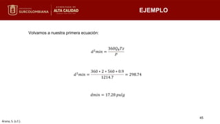 EJEMPLO
𝑑2𝑚𝑖𝑛 =
360𝑄𝜃𝑇𝑧
𝑃
𝑑2𝑚𝑖𝑛 =
360 ∗ 2 ∗ 560 ∗ 0.9
1214.7
= 298.74
𝑑𝑚𝑖𝑛 = 17.28 𝑝𝑢𝑙𝑔
Volvamos a nuestra primera ecuación:
45
Arana, S. (s.f.).
 
