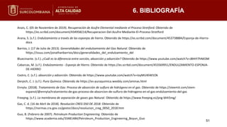 6. BIBLIOGRAFÍA
51
Anais, C. (05 de Noviembre de 2019). Recuperación de Azufre Elemental mediante el Proceso Stretford. Obtenido de
https://es.scribd.com/document/434958214/Recuperacion-Del-Azufre-Mediante-El-Proceso-Stretford
Arana, S. (s.f.). Endulzamiento a través de las esponjas de hierro. Obtenido de https://es.scribd.com/document/453738884/Esponja-de-Hierro-
docx
Barrios, J. (17 de Julio de 2013). Generalidades del endulzamiento del Gas Natural. Obtenido de
https://issuu.com/jonathanbarrios/docs/generalidades_del_endulzamiento_del
Bluecinante. (s.f.). ¿Cuál es la diferencia entre sorción, absorción y adsorción? Obtenido de https://www.youtube.com/watch?v=J8HtY7hNX3M
Cabarcas, M. (s.f.). Endulzamiento - Esponja de Hierro. Obtenido de https://es.scribd.com/document/453569951/ENDULZAMIENTO-ESPONJA-
DE-HIERRO
Castro, C. (s.f.). absorción y adsorción. Obtenido de https://www.youtube.com/watch?v=IoyMU4hM1Ok
Derpich, C. J. (s.f.). Pura Química. Obtenido de https://es-puraquimica.weebly.com/aminas.html
Ennyta. (2018). Tratamiento de Gas: Proceso de absorción de sulfuro de hidrógeno en el gas. Obtenido de https://steemit.com/stem-
espanol/@ennyta/tratamiento-de-gas-proceso-de-absorcion-de-sulfuro-de-hidrogeno-en-el-gas-endulzamiento-del-gas
Freepng. (s.f.). La membrana de separación de gases gas Natural. Obtenido de https://www.freepng.es/png-bhh5mg/
Gas, C. d. (16 de Abril de 2018). Resolución CREG 050 DE 2018. Obtenido de
https://normas.cra.gov.co/gestor/docs/resolucion_creg_0050_2018.htm
Guo, B. (Febrero de 2007). Petroleum Production Engineering. Obtenido de
https://www.academia.edu/33481484/Petroleum_Production_Engineering_Boyun_Guo
 