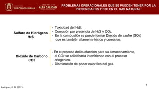 Sulfuro de Hidrógeno
H2S
Dióxido de Carbono
CO2
- Toxicidad del H2S.
- Corrosión por presencia de H2S y CO2.
- En la combustión se puede formar Dióxido de azufre (SO2)
que es también altamente tóxico y corrosivo.
- En el proceso de licuefacción para su almacenamiento,
el CO2 se solidificaría interfiriendo con el proceso
criogénico.
- Disminución del poder calorífico del gas.
PROBLEMAS OPERACIONALES QUE SE PUEDEN TENER POR LA
PRESENCIA H2S Y CO2 EN EL GAS NATURAL:
Rodríguez, D. M. (2015).
9
 