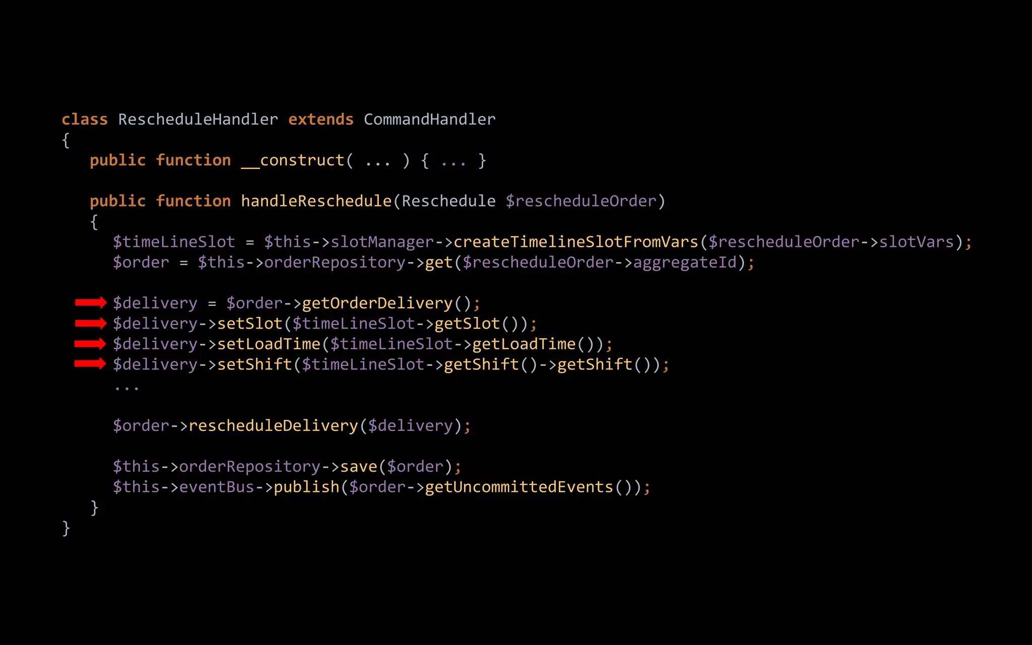 class RescheduleHandler extends CommandHandler
{
public function __construct( ... ) { ... }
public function handleReschedule(Reschedule $rescheduleOrder)
{
$timeLineSlot = $this->slotManager->createTimelineSlotFromVars($rescheduleOrder->slotVars);
$order = $this->orderRepository->get($rescheduleOrder->aggregateId);
$delivery = $order->getOrderDelivery();
$delivery->setSlot($timeLineSlot->getSlot());
$delivery->setLoadTime($timeLineSlot->getLoadTime());
$delivery->setShift($timeLineSlot->getShift()->getShift());
...
$order->rescheduleDelivery($delivery);
$this->orderRepository->save($order);
$this->eventBus->publish($order->getUncommittedEvents());
}
}
 