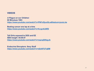 37
VIDEOS
A Plague on our Children
60 Minutues 1983
https://www.youtube.com/watch?v=PNFnOjuoGLw&feature=youtu.be
Beating cancer one lap at a time
https://www.youtube.com/watch?v=fcvgn4lJ8R0
Tall Girls exposed to DES and EE
SBS Insight 04.09.97
https://www.youtube.com/watch?v=mpnqS95qyJk
Endocrine Disruptors: Sexy Stuff
https://www.youtube.com/watch?v=d2x9I7UTqBM
 