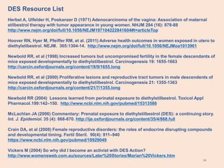 34
Herbst A, Ulfelder H, Poskanzer D (1971) Adenocarcinoma of the vagina: Association of maternal
stilbestrol therapy with tumor appearance in young women. NHJM 284 (16): 878-88
http://www.nejm.org/doi/full/10.1056/NEJM197104222841604#t=articleTop
Hoover RN, Hyer M, Pfeiffer RM, et al. (2011) Adverse health outcomes in women exposed in utero to
diethylstibestrol. NEJM. 365:1304-14. http://www.nejm.org/doi/full/10.1056/NEJMoa1013961
Newbold RR, et al (1998) Increased tumors but uncompromised fertility in the female descendants of
mice exposed developmentally to diethylstilbestrol. Carcinogenesis 19: 1655-1663
http://carcin.oxfordjournals.org/content/19/9/1655.long
Newbold RR, et al (2000) Proliferative lesions and reproductive tract tumors in male descendents of
mice exposed developmentally to diethylstilbestrol. Carcinogenesis 21: 1355-1363
http://carcin.oxfordjournals.org/content/21/7/1355.long
Newbold RR (2004) Lessons learned from perinatal exposure to diethylstilbestrol. Toxicol Appl
Pharmacol.199:142–150. http://www.ncbi.nlm.nih.gov/pubmed/15313586
McLachlan JA (2006) Commentary: Prenatal exposure to diethylstilbestrol (DES): a continuing story.
Int. J. Epidemiol. 35 (4): 868-870. http://ije.oxfordjournals.org/content/35/4/868.full
Crain DA, et al (2008) Female reproductive disorders: the roles of endocrine disrupting compounds
and developmental timing. Fertil Steril. 90(4): 911–940
https://www.ncbi.nlm.nih.gov/pubmed/18929049
Vickers M (2004) So why did I become an activist with DES Action?
http://www.womensweb.com.au/sources/Later%20Stories/Marian%20Vickers.htm
DES Resource List
 