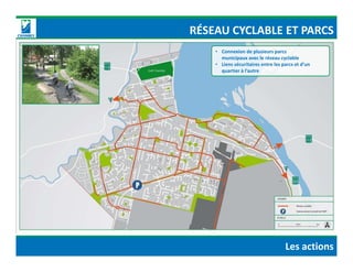 • Connexion de plusieurs parcs
municipaux avec le réseau cyclable
• Liens sécuritaires entre les parcs et d’un
quartier à l’autre
RÉSEAU CYCLABLE ET PARCS
Les actions
 