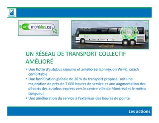 UN RÉSEAU DE TRANSPORT COLLECTIF
AMÉLIORÉ
Les actions
AMÉLIORÉ
• Une flotte d’autobus rajeunie et améliorée (connexion Wi-Fi), coach
confortable
• Une bonification globale de 20 % du transport proposé, soit une
majoration de près de 7 600 heures de service et une augmentation des
départs des autobus express vers le centre-ville de Montréal et le métro
Longueuil
• Une amélioration du service à l’extérieur des heures de pointe
 