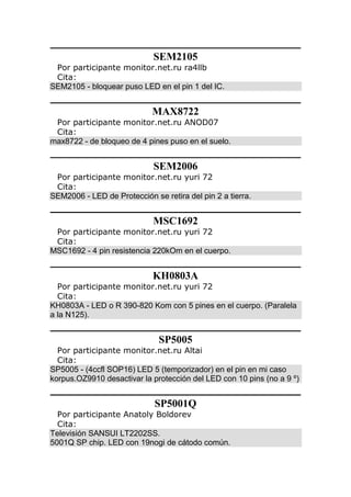 SEM2105
Por participante monitor.net.ru ra4llb
Cita:
SEM2105 - bloquear puso LED en el pin 1 del IC.
MAX8722
Por participante monitor.net.ru ANOD07
Cita:
max8722 - de bloqueo de 4 pines puso en el suelo.
SEM2006
Por participante monitor.net.ru yuri 72
Cita:
SEM2006 - LED de Protección se retira del pin 2 a tierra.
MSC1692
Por participante monitor.net.ru yuri 72
Cita:
MSC1692 - 4 pin resistencia 220kOm en el cuerpo.
KH0803A
Por participante monitor.net.ru yuri 72
Cita:
KH0803A - LED o R 390-820 Kom con 5 pines en el cuerpo. (Paralela
a la N125).
SP5005
Por participante monitor.net.ru Altai
Cita:
SP5005 - (4ccfl SOP16) LED 5 (temporizador) en el pin en mi caso
korpus.OZ9910 desactivar la protección del LED con 10 pins (no a 9 º)
SP5001Q
Por participante Anatoly Boldorev
Cita:
Televisión SANSUI LT2202SS.
5001Q SP chip. LED con 19nogi de cátodo común.
 