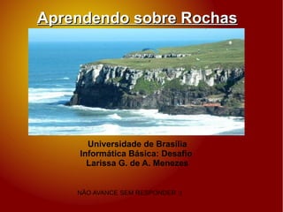 Aprendendo sobre RochasAprendendo sobre Rochas
Universidade de Brasília
Informática Básica: Desafio
Larissa G. de A. Menezes
NÃO AVANCE SEM RESPONDER :)
 