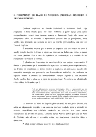 7
2. FERRAMENTA DO PLANO DE NEGÓCIOS: PRINCIPAIS BENEFÍCIOS E
DESENVOLVIMENTO
Conforme explicitado no Desafio Profissional o Restaurante Smak, cuja
proprietária é Irena Partala passa por sérios problemas e perde espaço para outros
empreendimentos, mesmo com tamanha ameaça o Restaurante Smak não possui um
planejamento eficaz, na realidade, é imperceptível qualquer tipo de planejamento, nesse
sentido, uma ferramenta que nortearia as ações da referida empreendedora, seria um bom
Plano de Negócios.
É importante reforçar que o número de empresas que são abertas no Brasil é
grande, contudo, também é elevado o número de empresas que fecham suas portas, as causas
são várias, podemos citar a falta de experiência na administração, e a ausência de um
planejamento responsável e completo.
O planejamento é uma etapa de suma importância para qualquer empreendedor, é
durante o planejamento que é observado todo o processo de construção do empreendimento,
são levados em consideração os pontos positivos e negativos e em cima desses aspectos são
construídas estratégias que promoverão um desenvolvimento satisfatório, são analisados os
aspectos internos e externos do empreendimento. Planejar, segundo o Mini Dicionário
Aurélio significa: fazer o plano ou a planta de; projetar, traçar. No universo da administração
existe o Plano de Negócios, que é:
“(...) um planejamento completo (estratégico, tático e operacional) que as
organizações de maior porte/tamanho utilizam (...) O plano de negócios (business
plan) é fundamental para o empreendedor, pois, como já informado anteriormente,
um número muito grande de micro e pequenas empresas sucumbem, fecham as
portas nos primeiros anos de atividade devido a falta de conhecimento e traquejo na
gestão administrativa de seu negócio (AZEVEDO, 2014, p.6 e 7).
Os benefícios do Plano de Negócios giram em torno de uma gestão eficiente, que
adota um planejamento completo e que consegue um bom resultado, como a aceitação no
mercado, consolidando sua existência, explicando seu conceito, bem como, outras
características do produto em questão. Conforme explica Azevedo (2014) para que um Plano
de Negócios seja eficiente é necessário realizar um planejamento estratégico, tático e
operacional.
A tabela a seguir distingue esses três tipos de planejamento:
 
