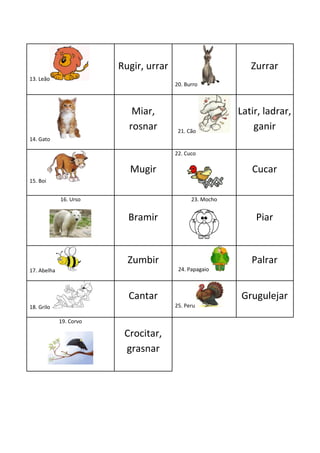 Rugir, urrar                        Zurrar
13. Leão
                                        20. Burro



                            Miar,                         Latir, ladrar,
                           rosnar        21. Cão
                                                              ganir
14. Gato

                                        22. Cuco

                           Mugir                             Cucar
15. Boi


             16. Urso                         23. Mocho


                           Bramir                             Piar


                           Zumbir                            Palrar
17. Abelha                               24. Papagaio



                           Cantar                         Grugulejar
18. Grilo                               25. Peru

             19. Corvo

                          Crocitar,
                          grasnar
 