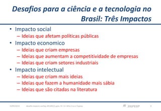 Desafios para a ciência e a tecnologia no
Brasil: Três Impactos
• Impacto social
– Ideias que afetam políticas públicas
• Impacto economico
– Ideias que criam empresas
– Ideias que aumentam a competitividade de empresas
– Ideias que criam setores industriais
• Impacto intelectual
– Ideias que criam mais ideias
– Ideias que fazem a humanidade mais sábia
– Ideias que são citadas na literatura
23/05/2013 2desafio-impacto-confap-20130522.pptx; © C.H. Brito Cruz e Fapesp
 