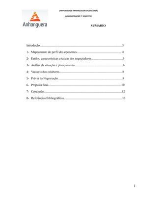UNIVERSIDADE ANHANGUERA EDUCACIONAL
ADMINISTRAÇÃO 7º SEMESTRE
SUMÁRIO
Introdução...........................................................................................................3
1- Mapeamento do perfil dos oponentes.......................................................... 4
2- Estilos, características e táticas dos negociadores.........................................5
3- Análise da situação e planejamento...............................................................6
4- Varáveis dos colabores..................................................................................8
5- Prévia da Negociação....................................................................................8
6- Proposta final...............................................................................................10
7- Conclusão.....................................................................................................12
8- Referências Bibliográficas............................................................................13
2
 
