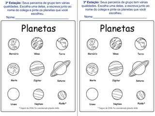 3ª Estação: Seus parceiros de grupo tem várias 
qualidades. Escolha uma delas, a escreva junto ao 
nome do colega e pinte os planetas que você 
escolheu. 
Nome:________________________________ 
3ª Estação: Seus parceiros de grupo tem várias 
qualidades. Escolha uma delas, a escreva junto ao 
nome do colega e pinte os planetas que você 
escolheu. 
Nome:________________________________ 
 