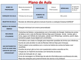 Plano de Aula 
NOME DO 
PROFESSOR 
MARIA ALESSANDRA D. 
NASCIMENTO 
DISCIPLINA: 
LÍNGUA 
PORTUGUESA 
SÉRIE/ANO: 
4º anos A e 
B, 5º Anos 
A, B e C 
DURAÇÃO DA AULA 110 MINUTOS (2 AULAS) 
NÚMERO DE 
ALUNOS 
90 ALUNOS 
OBJETIVO DA AULA: Revisão de diferentes gêneros textuais focando a avaliação Estadual SARESP 
MODELO DE ENSINO 
HÍBRIDO 
Rotação Individual com ensino personalizado 
RECURSOS 
UTILIZADOS 
Fantoches de folclore, computadores com o formulário do Google, histórias de contos 
de fadas e com o site da Revista Ciência Hoje para Crianças, jornal, revista, gibi e 
livros, jogos com folheto de instruções, celular com Whats App, cartolina, post-it, lápis, 
borracha e papel, lousa digital com cronômetro. 
QUE INSTRUMENTOS 
VOCÊ VAI USAR PARA 
GARANTIR QUE ELES 
APRENDERAM? 
Formulário a ser criado no Google para responder questões de tirinha com inferência; 
Escrita de carta de leitor no site da Revista Ciência Hoje para Crianças; 
Post-it colado numa cartolina com o nome da história de contos de fadas a ser 
escolhida; 
Escolha de jornal, gibi ou livro com questionário sobre a escolha ao fim; 
Criação de um Teatrinho de lendas com fantoches da escola; 
Leitura da instrução de um jogo; 
Envio de mensagem no Whats App da sala de informática para a professora da sala; 
Mapa das estações para preenchimento dos alunos e do professor 
 