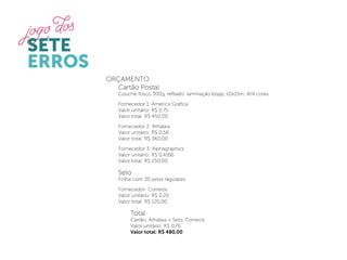 ORÇAMENTO
  Cartão Postal
   Couché fosco 300g, reﬁlado, laminação bopp, 10x15m, 4/4 cores.

   Fornecedor 1: América Gráﬁca
   Valor unitário: R$ 0,75
   Valor total: R$ 450,00

   Fornecedor 2: Athalaia
   Valor unitário: R$ 0,56
   Valor total: R$ 360,00

   Fornecedor 3: Alphagraphics
   Valor unitário: R$ 0,4166
   Valor total: R$ 250,00

   Selo
   Folha com 30 selos regulares

   Fornecedor: Correios
   Valor unitário: R$ 0,20
   Valor total: R$ 120,00

        Total
        Cartão, Athalaia + Selo, Correios
        Valor unitário: R$ 0,76
        Valor total: R$ 480,00
 